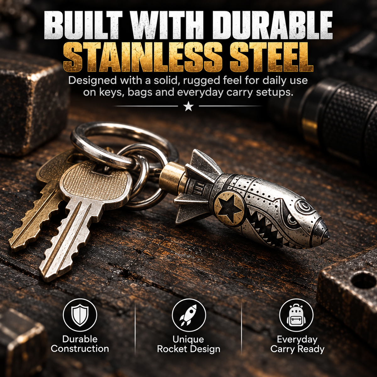 3D Stainless Steel Skull Keychain Gothic Biker EDC Key Ring