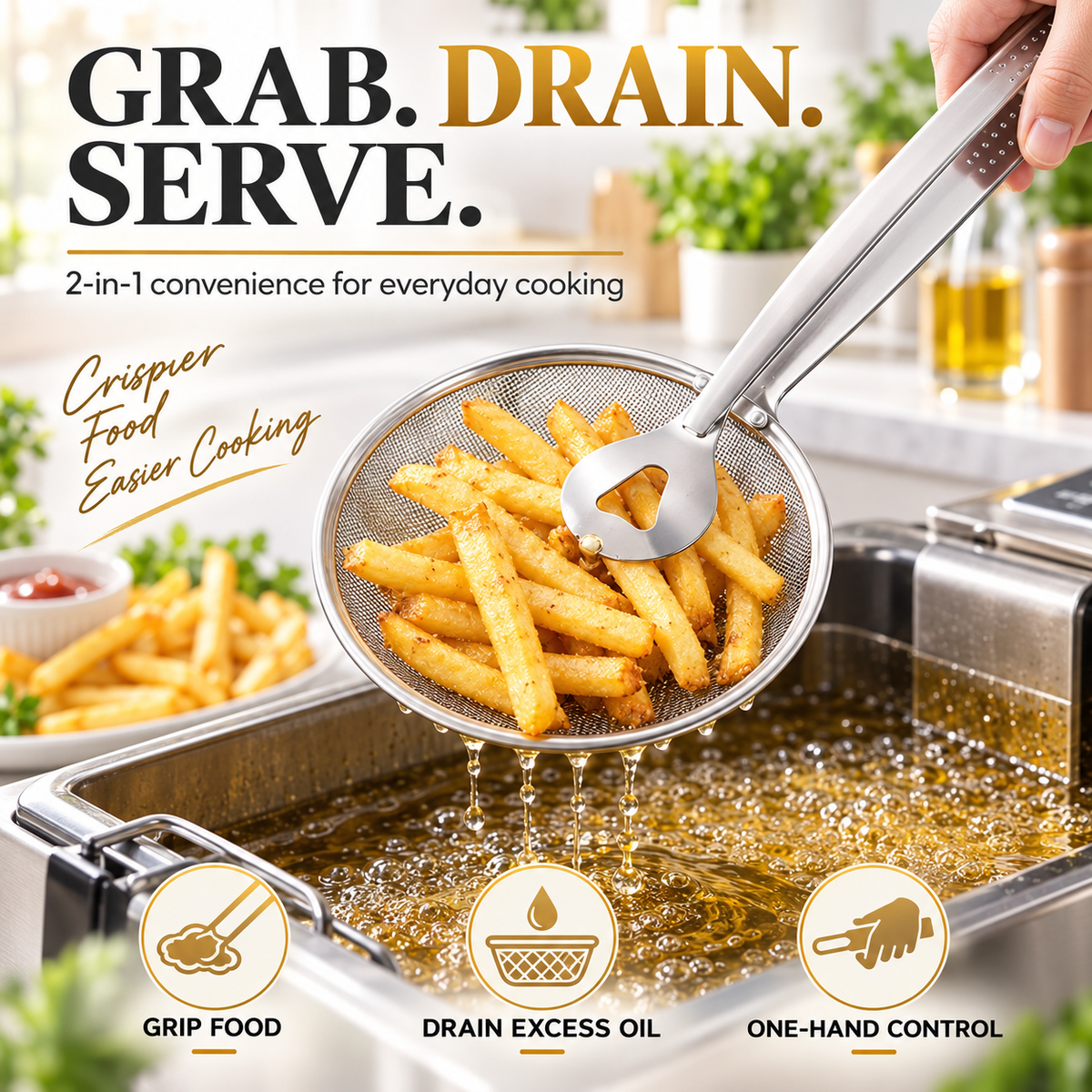 2-in-1 Spider Strainer Tongs Stainless Steel Frying & Draining Tool