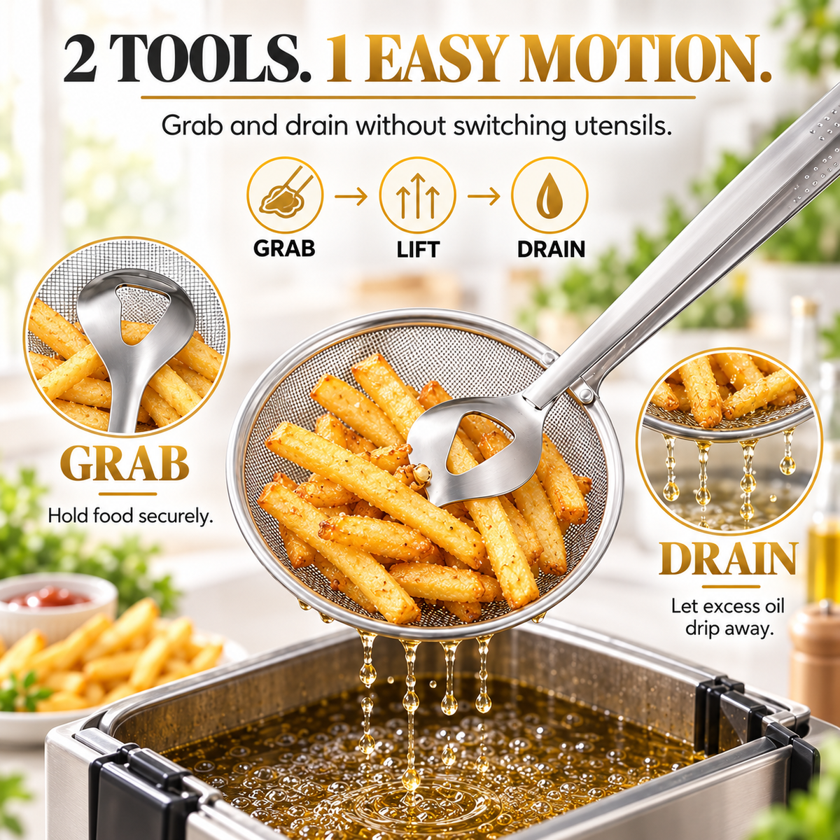2-in-1 Spider Strainer Tongs Stainless Steel Frying & Draining Tool