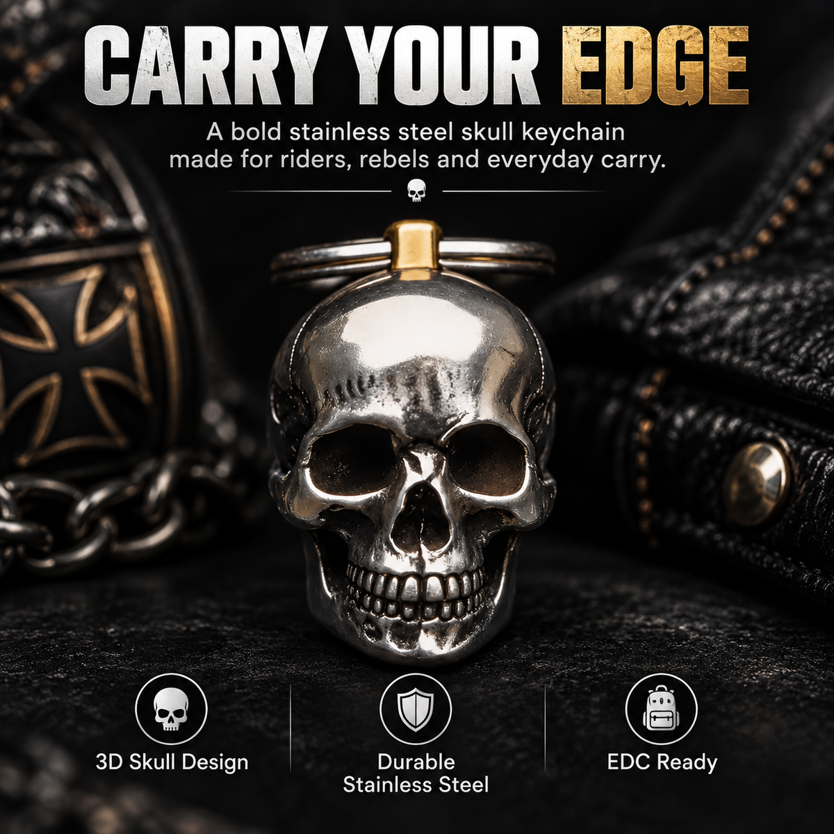 3D Stainless Steel Skull Keychain Gothic Biker EDC Key Ring
