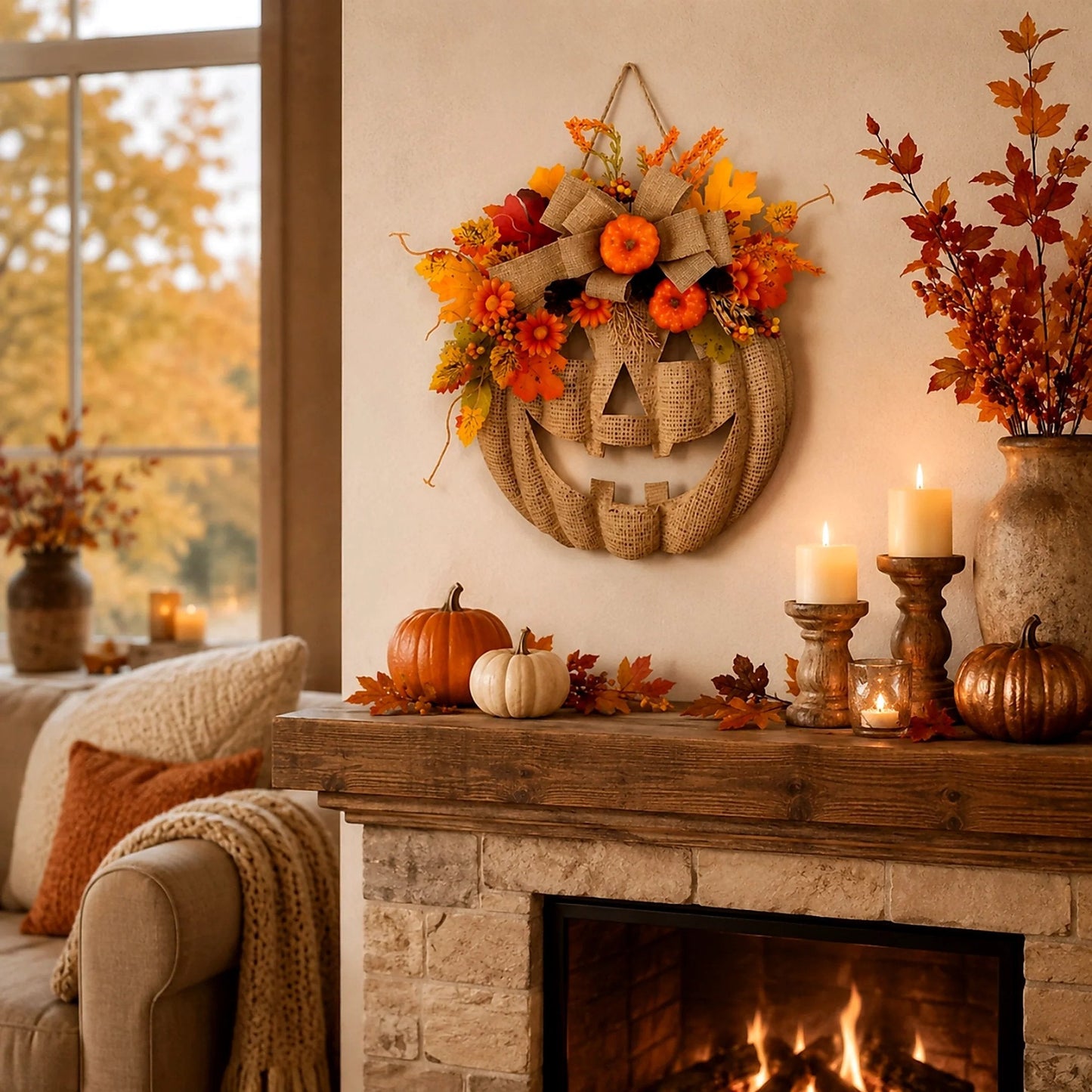 Lighted Burlap Pumpkin Wreath
