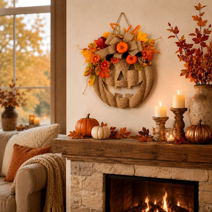 Lighted Burlap Pumpkin Wreath