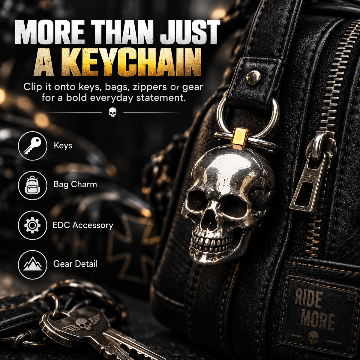 3D Stainless Steel Skull Keychain Gothic Biker EDC Key Ring