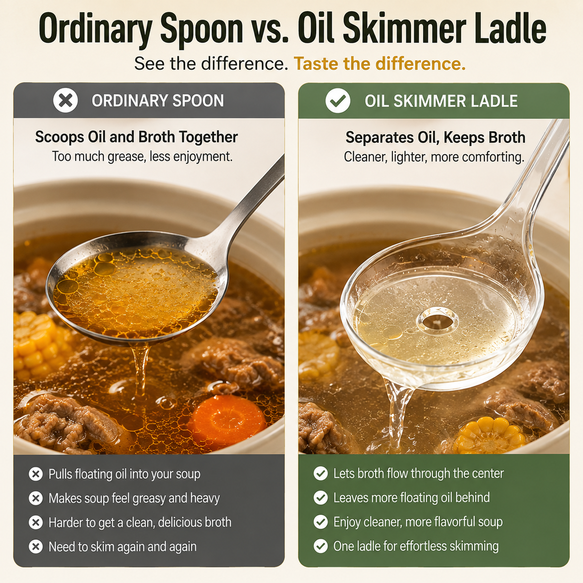 Fat Skimmer Ladle | Clear Oil Separator Spoon for Soup, Broth & Stew