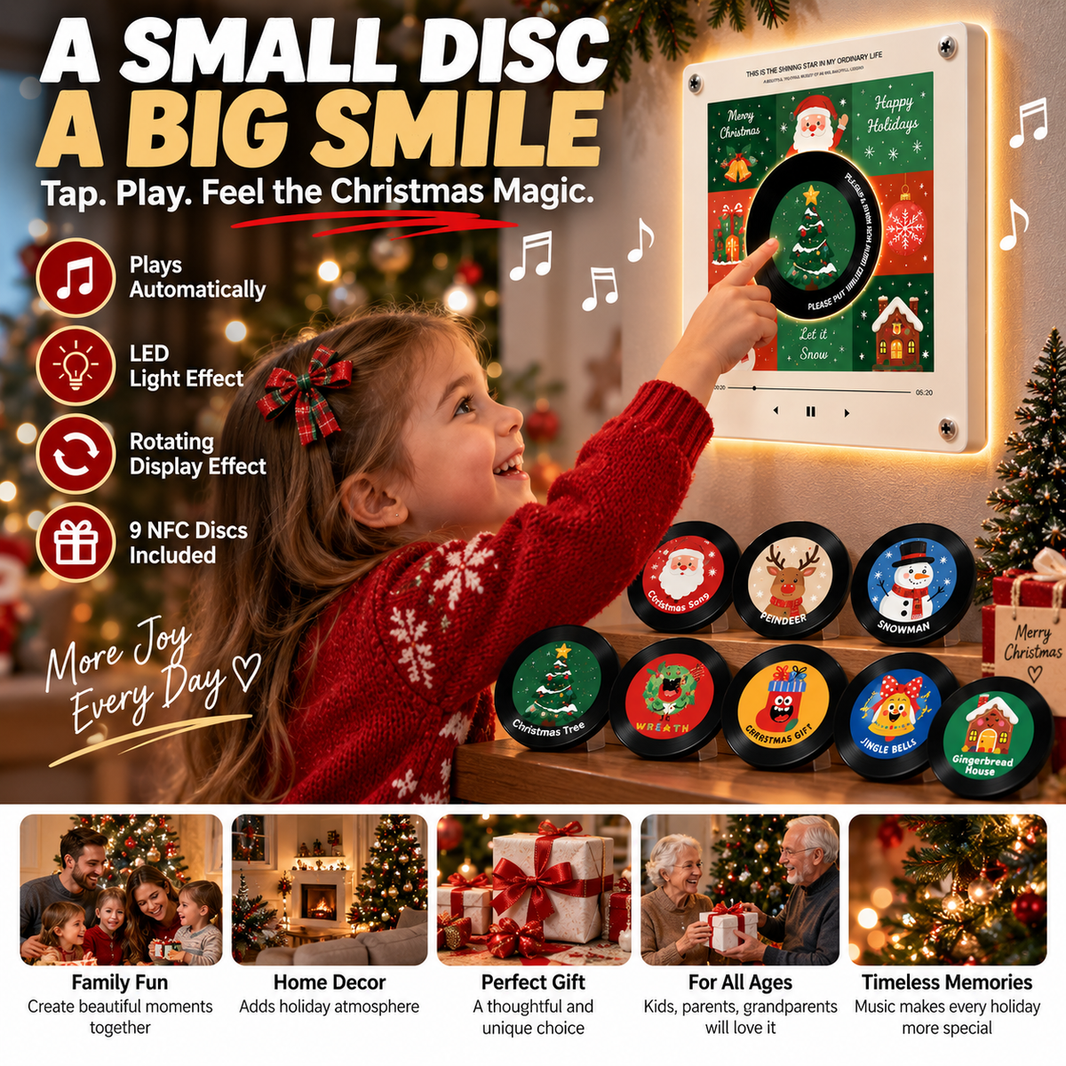 Christmas NFC Music Player Turn Your Fridge Into a Holiday Jukebox. with 9 Vinyl Style Discs and USB C