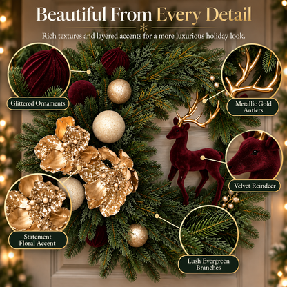 Luxury Burgundy Reindeer Christmas Wreath Elegant Champagne Gold Front Door Holiday Decor