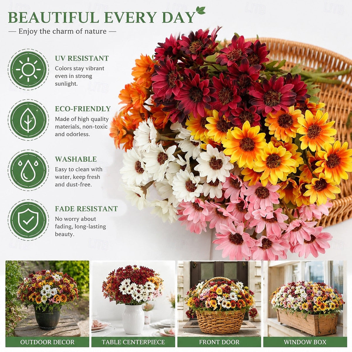 Artificial Outdoor Sunset Mums Flowers - UV resistant, Waterproof, Windproof