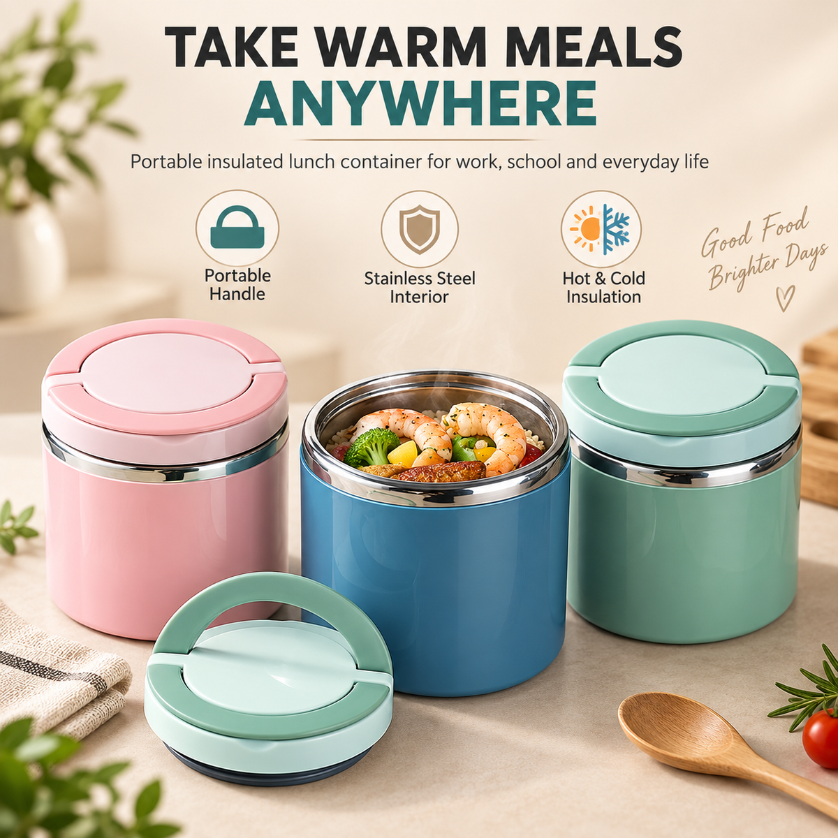 Insulated Stainless Steel Lunch Container with Carry Handle Leak-Resistant Thermal Food Jar