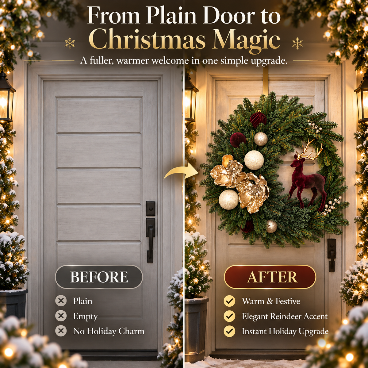Luxury Burgundy Reindeer Christmas Wreath Elegant Champagne Gold Front Door Holiday Decor