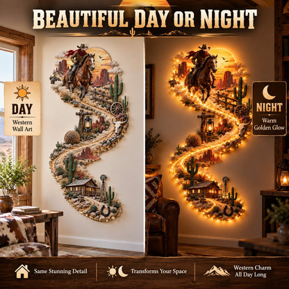 Western Cowboy LED Wall Decor Lighted Wild West Desert Scene with Horseback Rider, Cactus & Ranch Details
