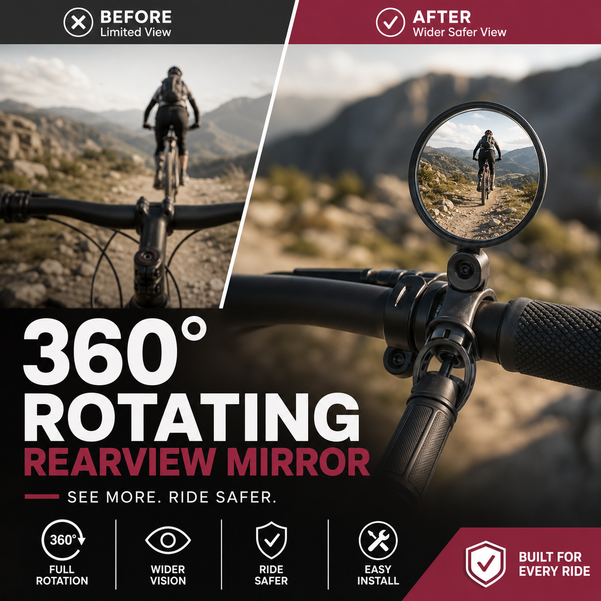2026! 360 Rotating Rearview Mirror Clear view behind, no more neck twisting. Fits bikes
