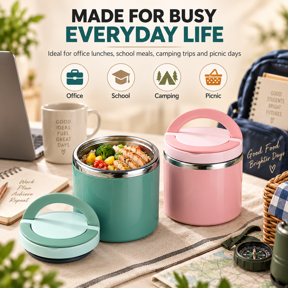 Insulated Stainless Steel Lunch Container with Carry Handle Leak-Resistant Thermal Food Jar