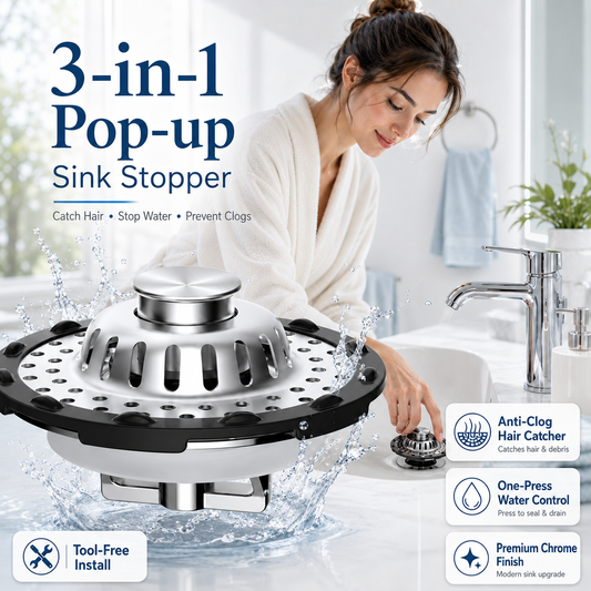 3-in-1 Pop-Up Sink Stopper Hair Catcher, Drain Protector & Water Stopper | Universal Chrome Fit