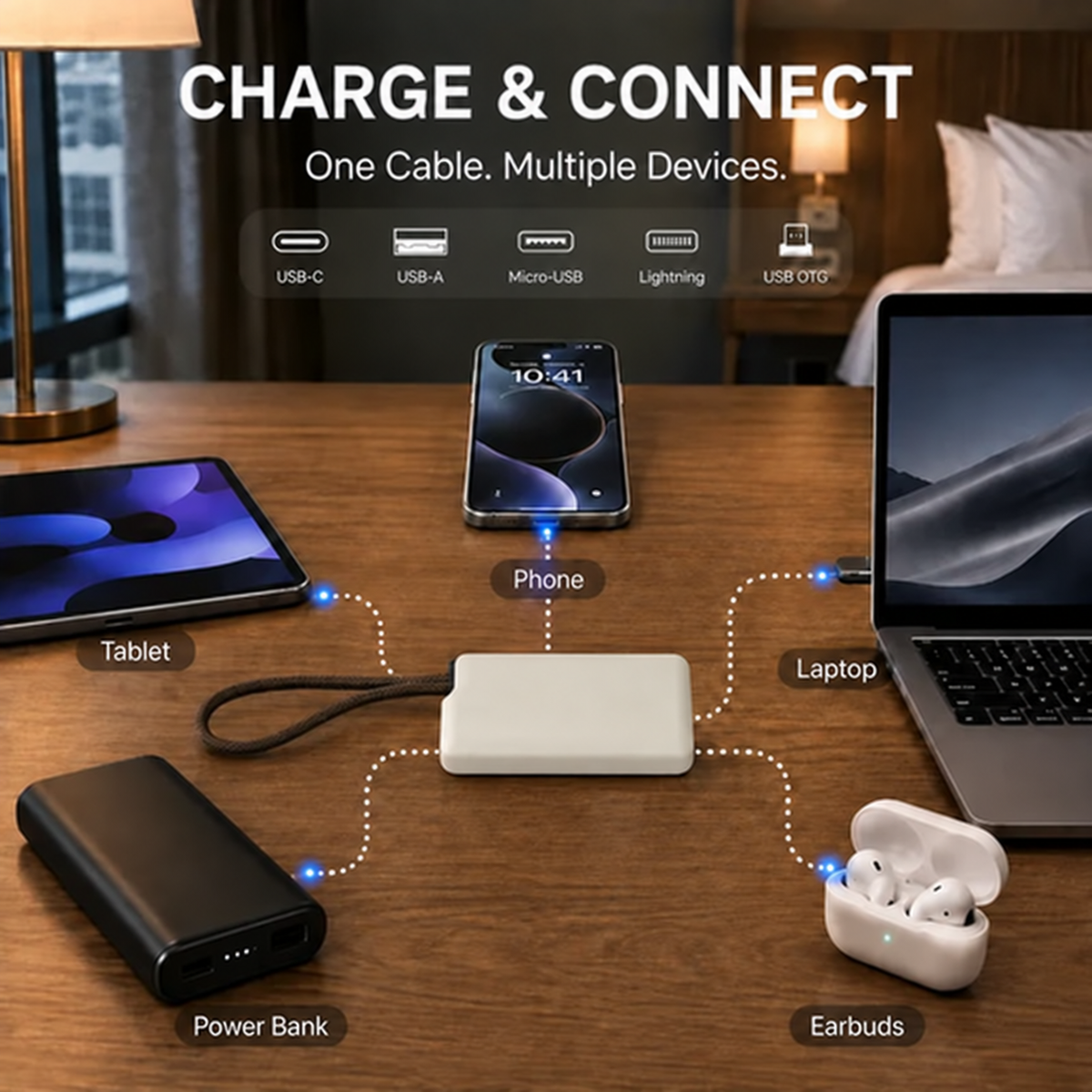 Pocket Travel Cable Kit USB-C Cable, 3 Adapters, SIM/TF Storage & Phone Stand