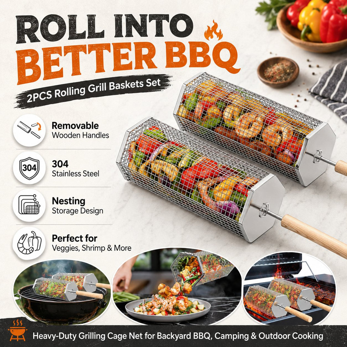 Rolling Grill Baskets (2-Pack) | No More Burnt Veggies Grill Perfectly Every Time!