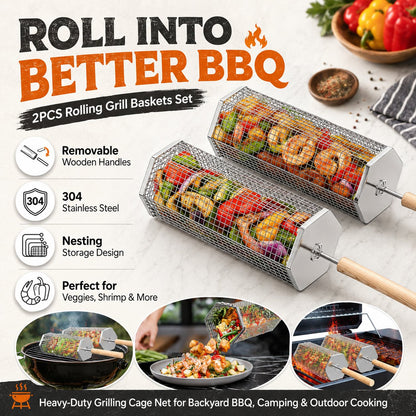 Rolling Grill Baskets (2-Pack) | No More Burnt Veggies Grill Perfectly Every Time!