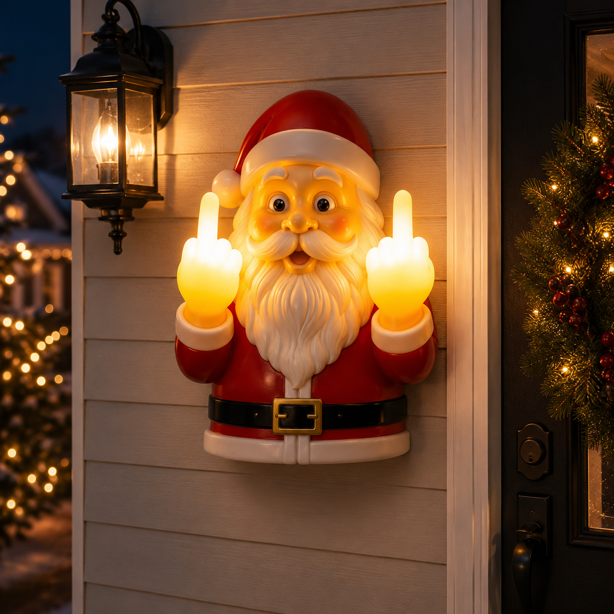 Light-Up Middle Finger Santa Wall Decor Hilarious Christmas Decoration