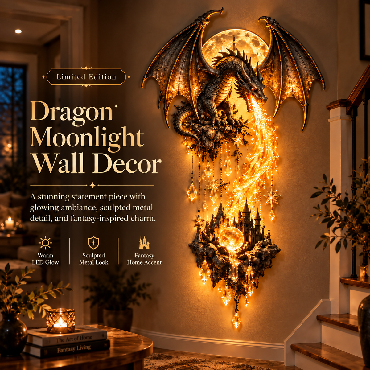 Dragonfire Moonlight Wall Lamp | Enchanted Fantasy Castle Decor