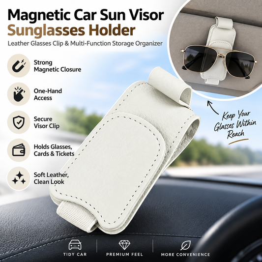 Magnetic Sun Visor Organizer Leather Sunglasses, Card & Ticket Holder