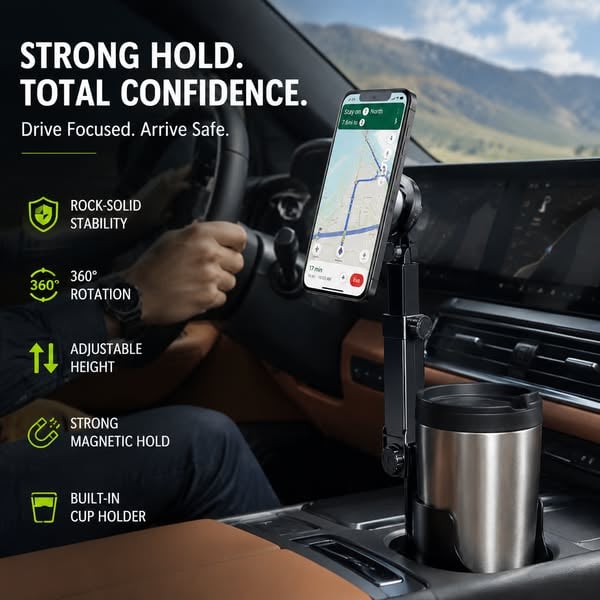 2026 Arrival Car Cup Holder Phone Mount 360 Adjustable, Strong N52 Magnet, One-Hand Operation, Fits All Phones