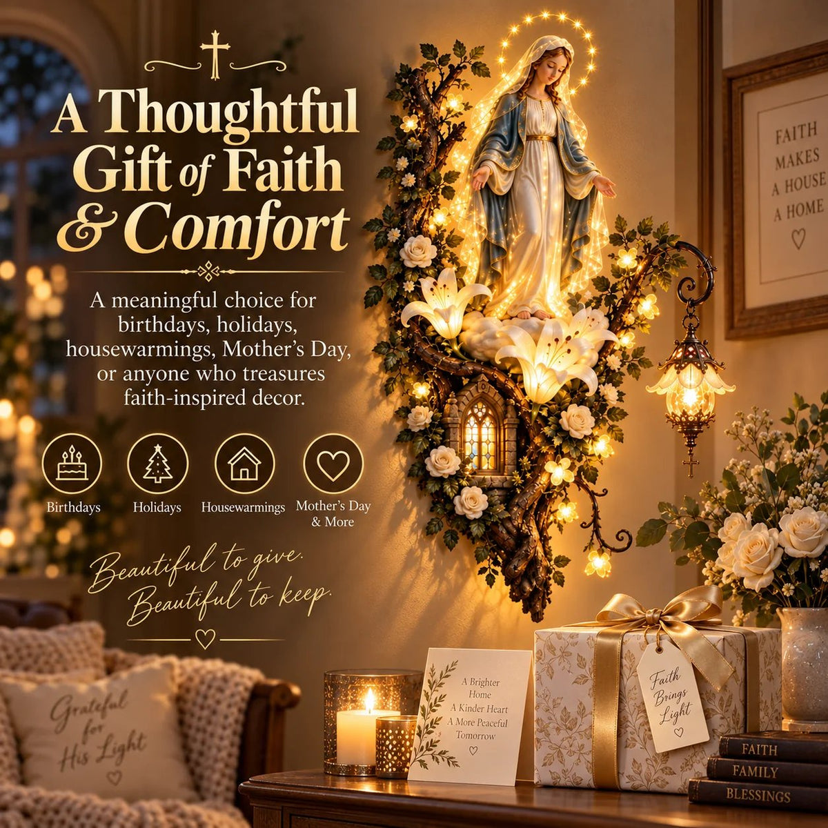 Blessed Mother Lighted Wall D cor | Virgin Mary 3D Religious Wall Art with Warm Ambient Glow