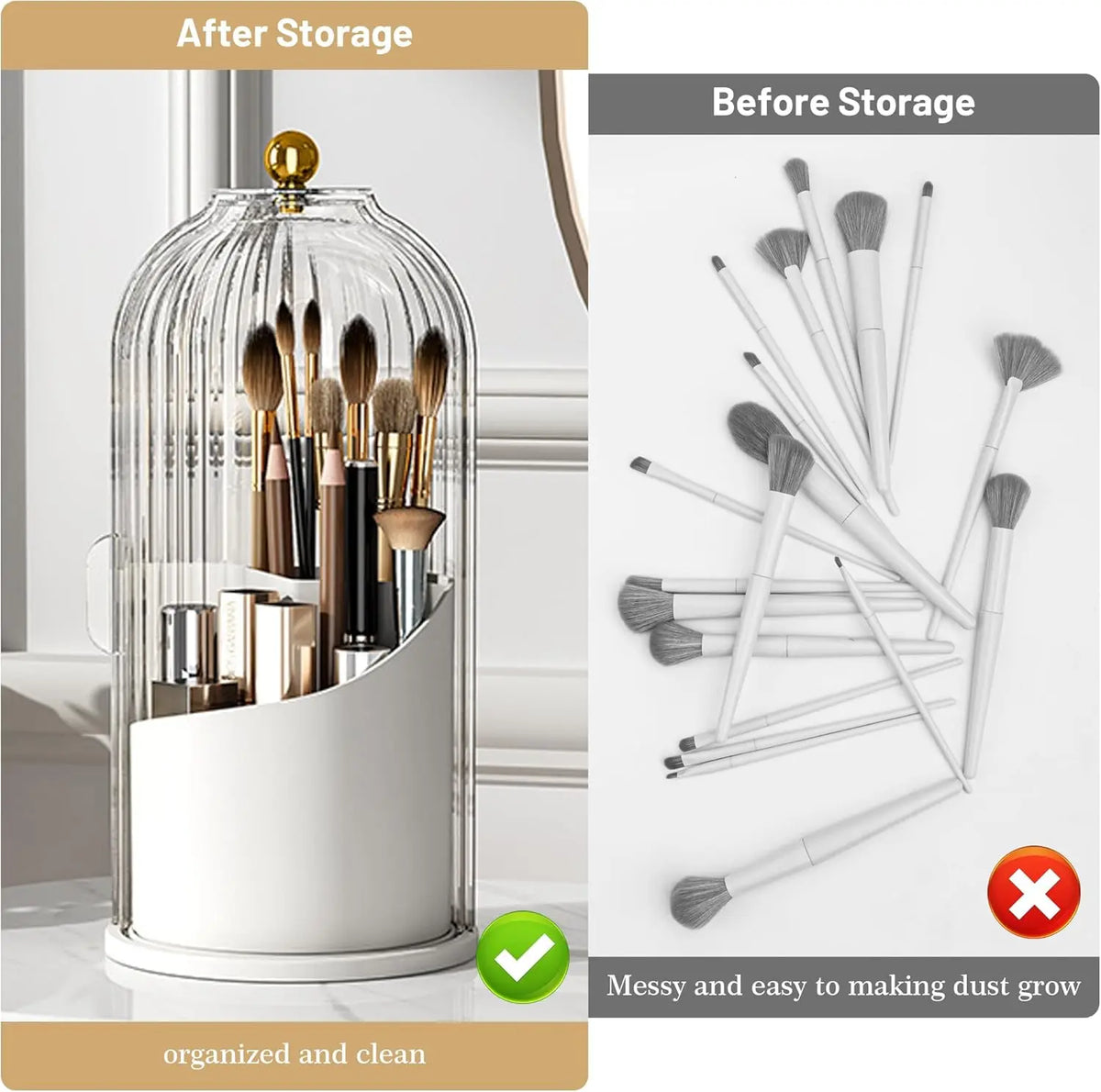 360° Rotating Makeup Brush Organizer – Clear Acrylic Cosmetic Storage Holder with Dust-Proof Lid