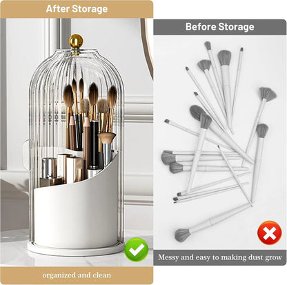 360° Rotating Makeup Brush Organizer – Clear Acrylic Cosmetic Storage Holder with Dust-Proof Lid
