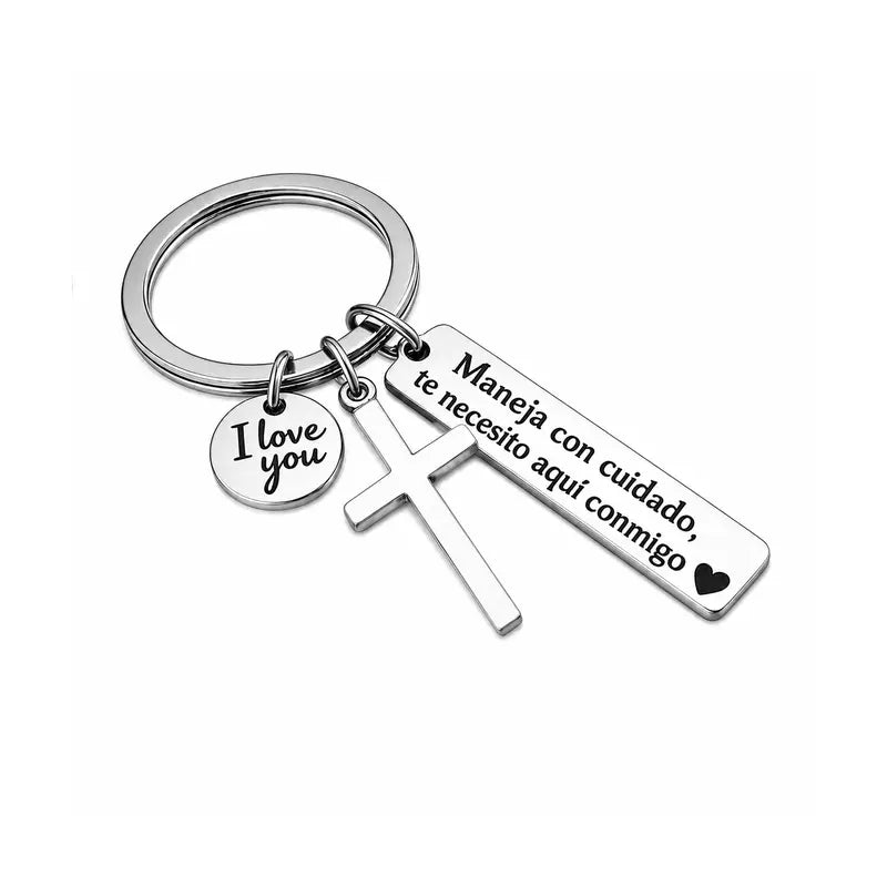 Maneja Con Cuidado Te Necesito Aqu Conmigo Keychain with Cross & "I Love You" Charm