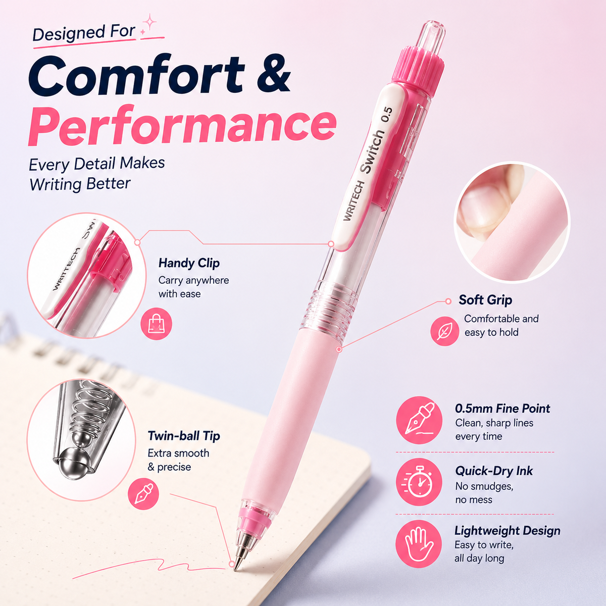 6-Color Silent Switch Gel Pen Set | Twist Between Silent & Clicky | 0.5mm Quick-Dry Smooth Writing Pens