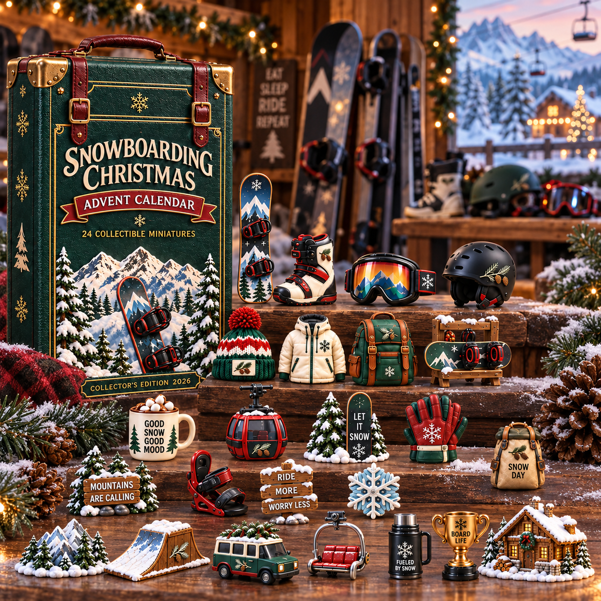 2026 Snowboarding Christmas Advent Calendar 24 Unique Collectible Miniatures for Snowboard Lovers & Mountain Adventures