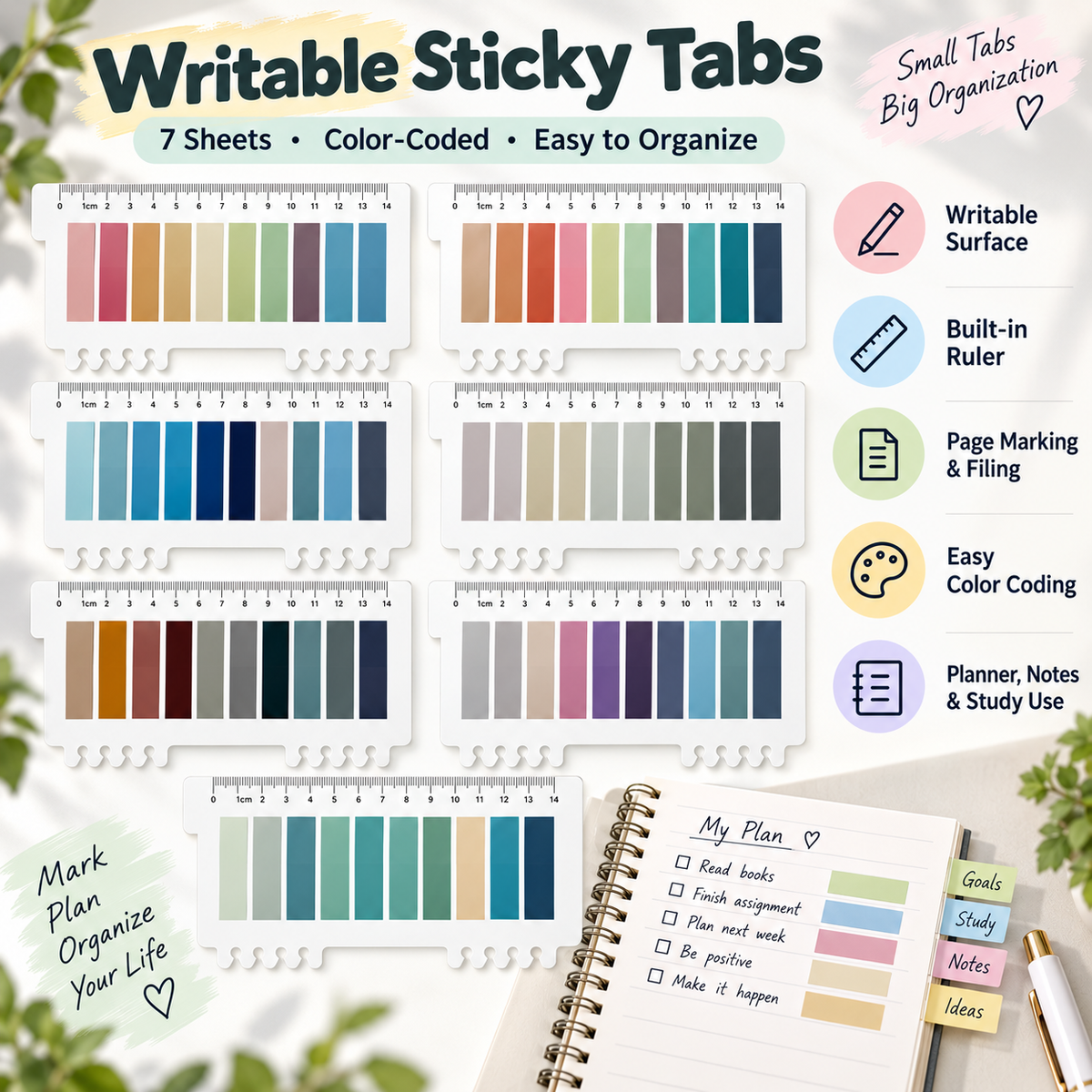 Writable Color-Coded Sticky Tabs Page Markers with Built-In Ruler for Study, Planning & Organization