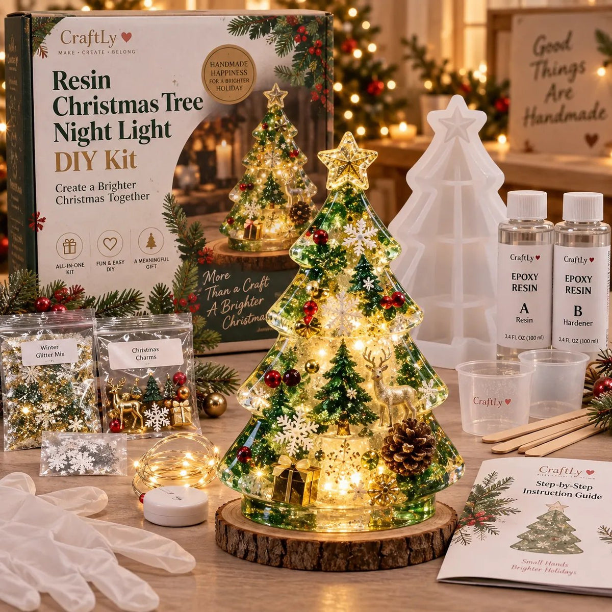 Beginner-Friendly Resin Christmas Tree Night Light DIY Kit | Complete Kit with Mold, Resin