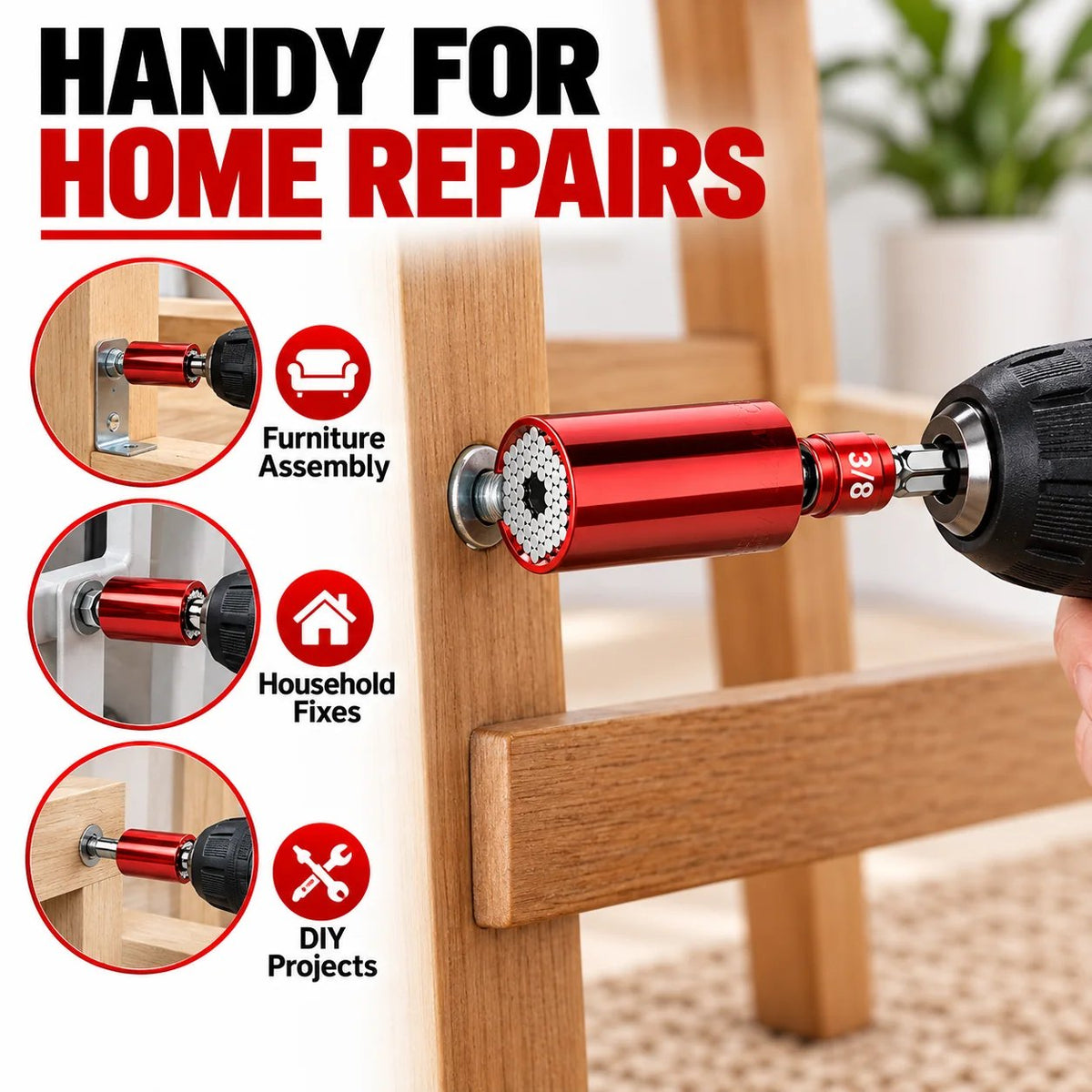 Universal Socket Tool 7 19mm Self-Adjusting Grip Socket with Drill Adapter