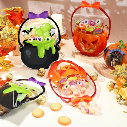Halloween Goodie Bags Plastic Candy Bag Trick or Treat Bags with Cauldron Skeleton black Cat Skull Pumpkin Design