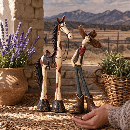 Whimsical Western Cowboy & Horse Figurine Duo
