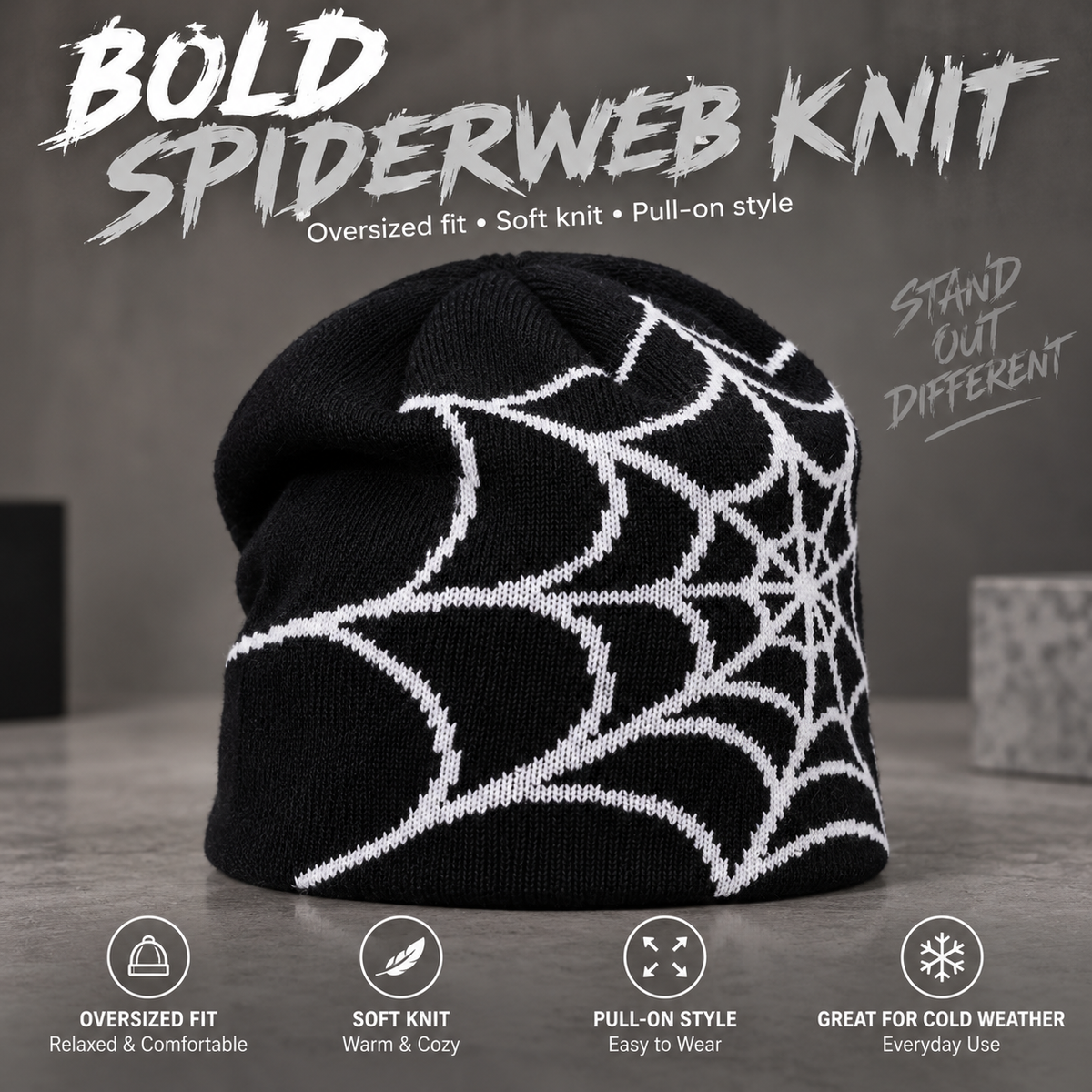 Oversized Spiderweb Knit Beanie Bold Contrast Streetwear Winter Hat