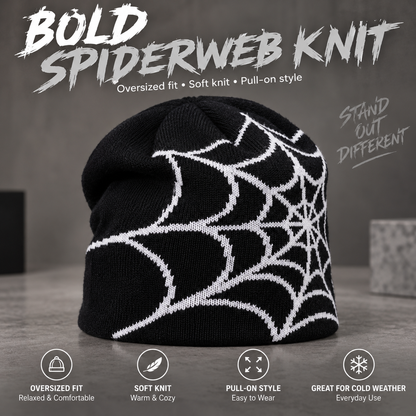 Oversized Spiderweb Knit Beanie Bold Contrast Streetwear Winter Hat