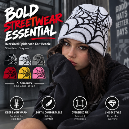 Oversized Spiderweb Knit Beanie Bold Contrast Streetwear Winter Hat