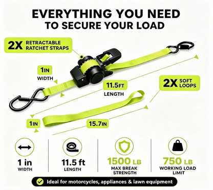 Green Ratchet Straps 11.5ft 1500LB Hold for Moves & More