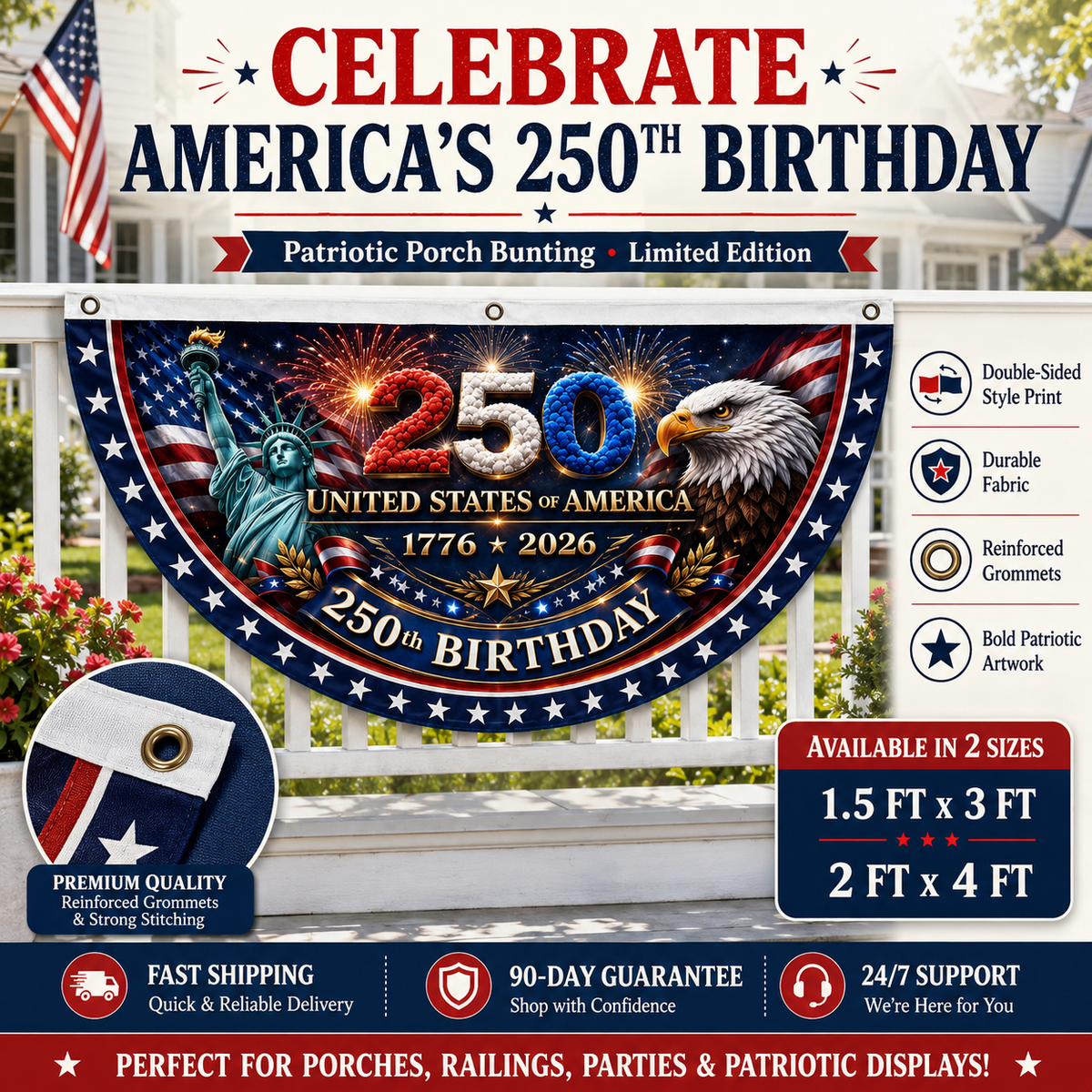 4th July Flash 250th Birthday Patriotic Porch Bunting