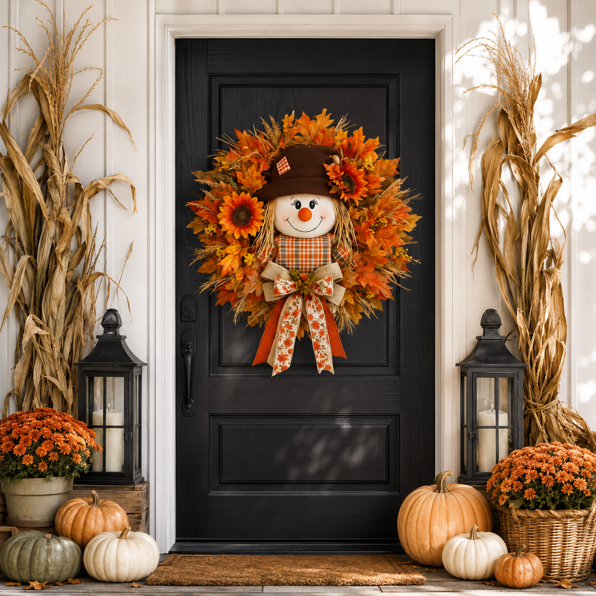 Fall Favorite Lighted Scarecrow Front Door Wreath
