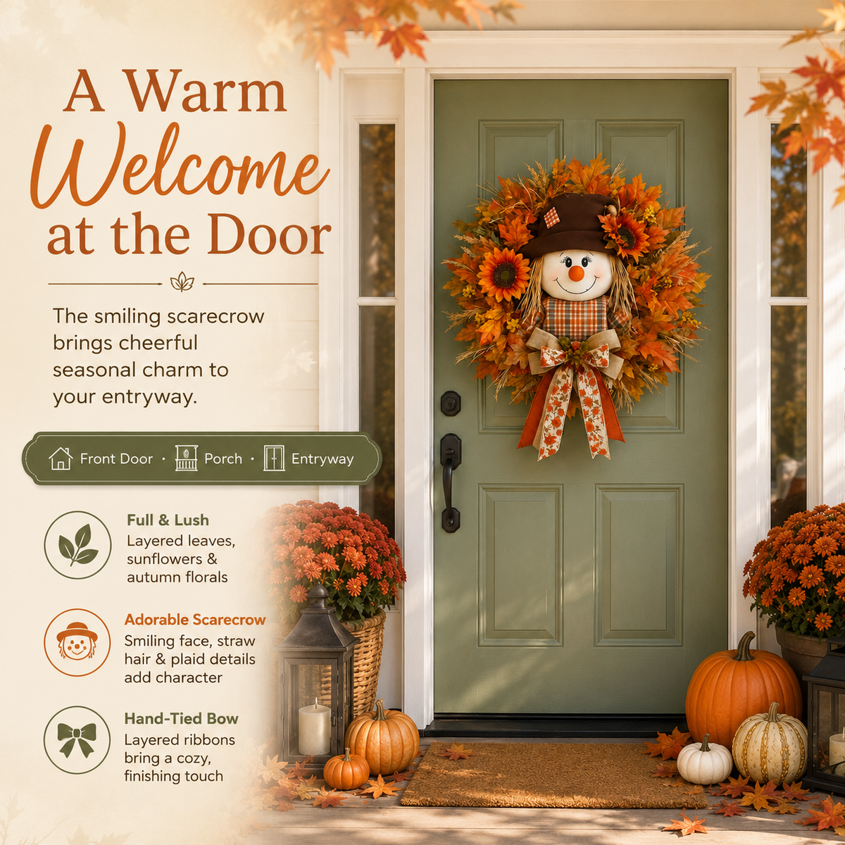Fall Favorite Lighted Scarecrow Front Door Wreath