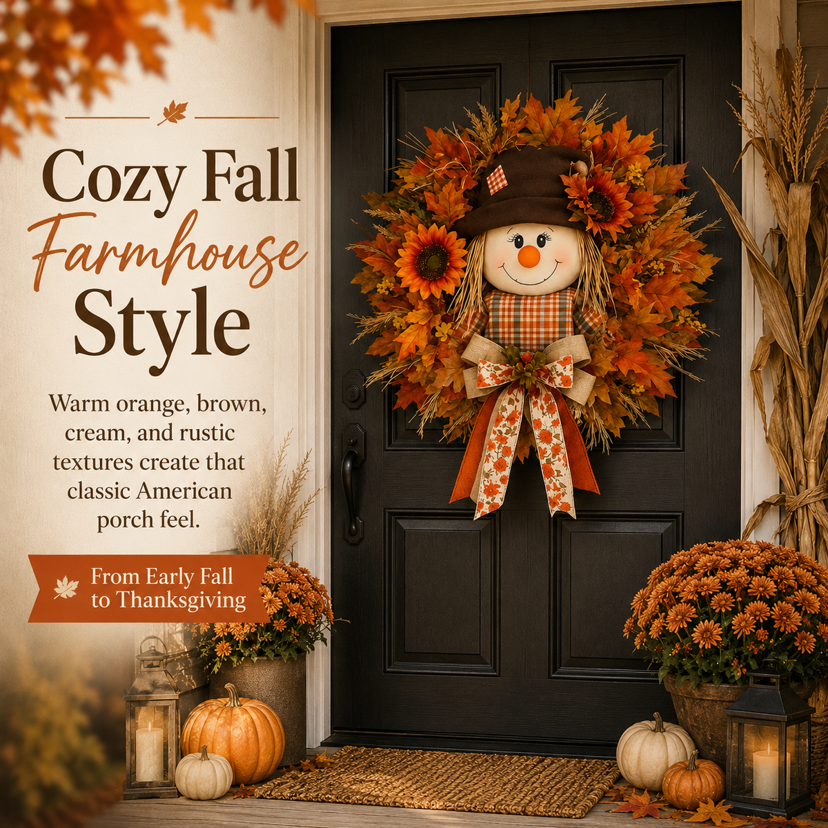 Fall Favorite Lighted Scarecrow Front Door Wreath