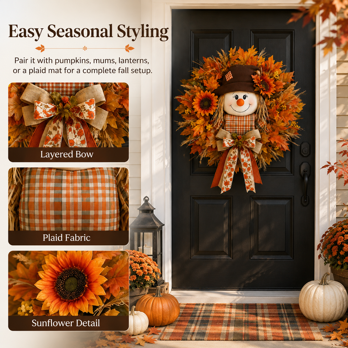 Fall Favorite Lighted Scarecrow Front Door Wreath