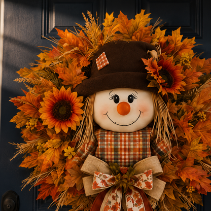 Fall Favorite Lighted Scarecrow Front Door Wreath
