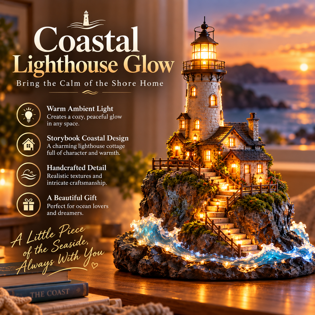 Illuminated Coastal Lighthouse Scene | Warm Seaside Tabletop D cor