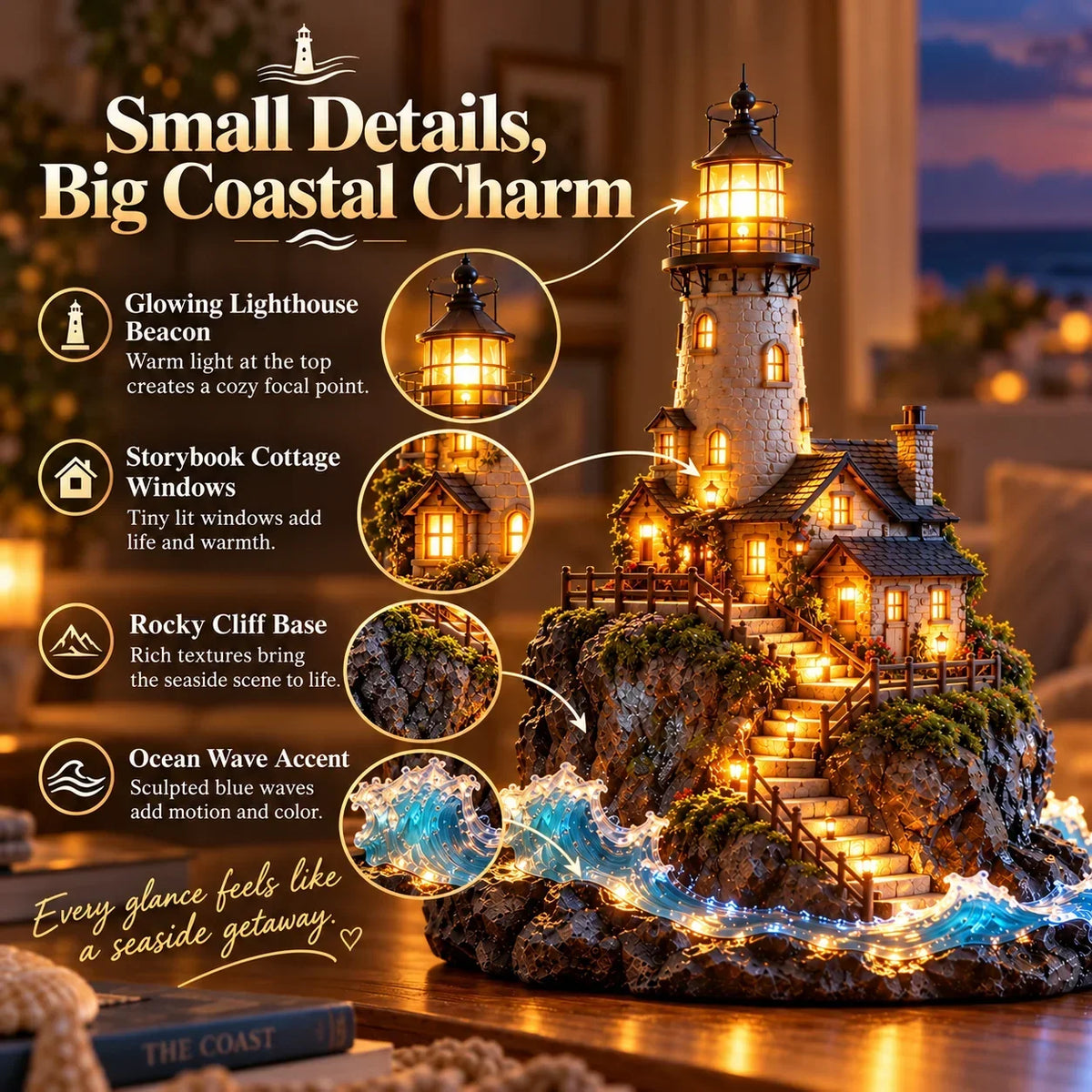 Illuminated Coastal Lighthouse Scene | Warm Seaside Tabletop D cor