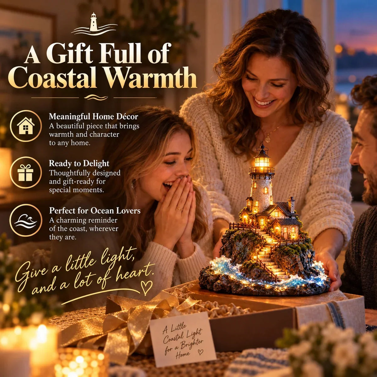 Illuminated Coastal Lighthouse Scene | Warm Seaside Tabletop D cor