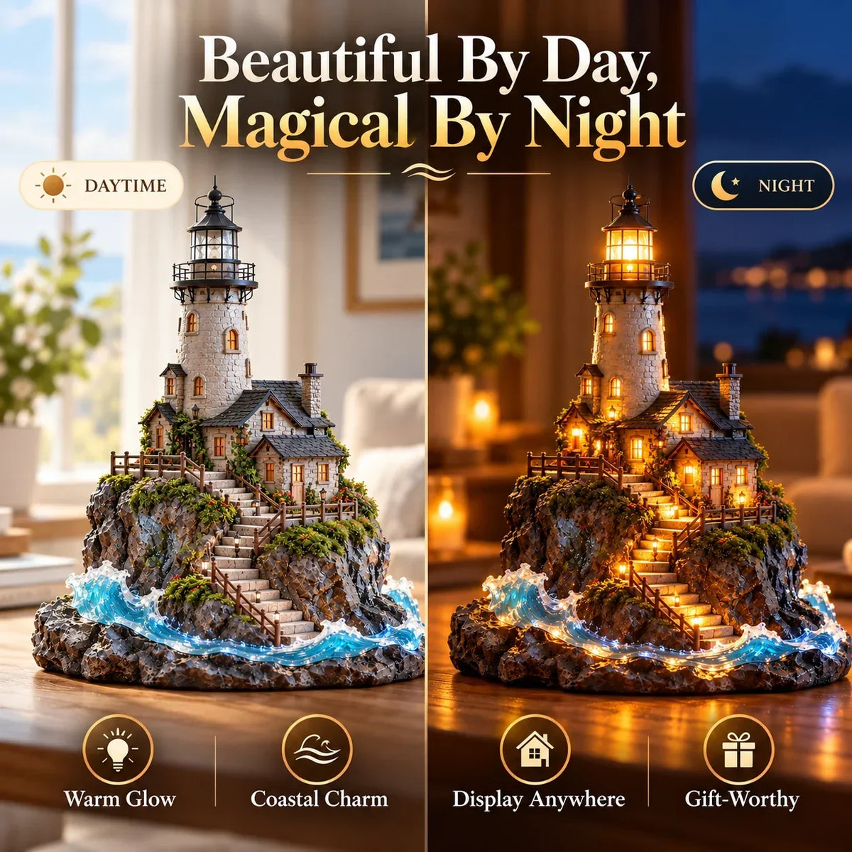 Illuminated Coastal Lighthouse Scene | Warm Seaside Tabletop D cor