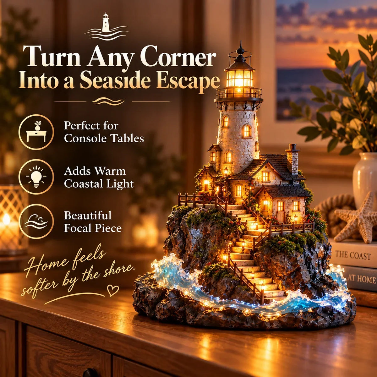 Illuminated Coastal Lighthouse Scene | Warm Seaside Tabletop D cor